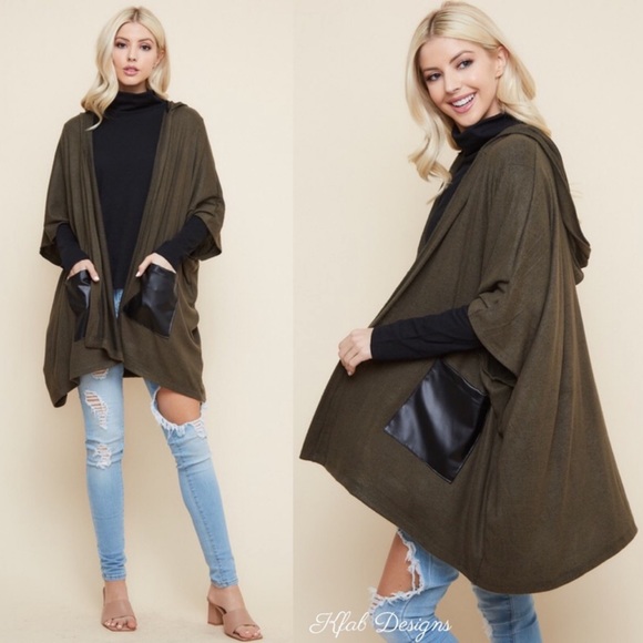 LAST 1! Olive Hooded Poncho Cardigan w/Faux Leather Pockets! - Picture 4 of 6